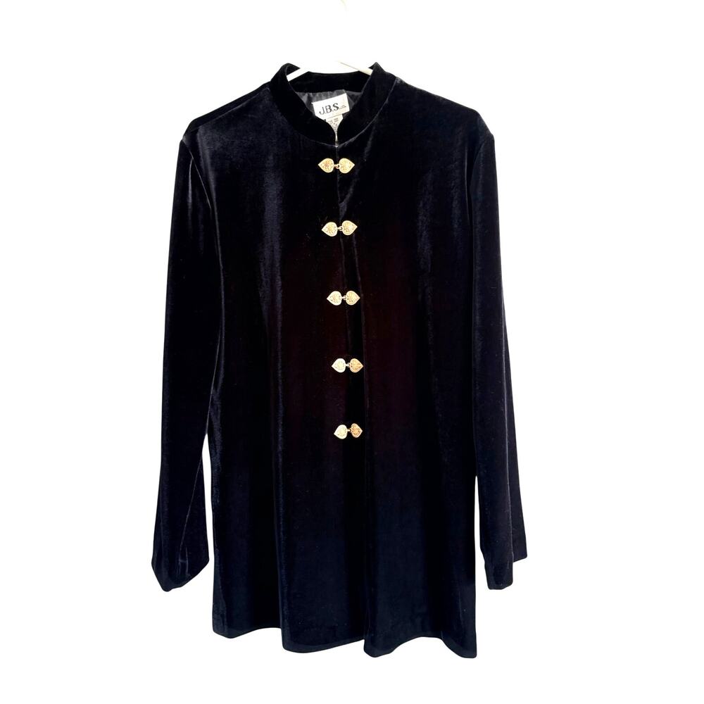 Vintage JBS Black Velvet High Collar Jacket Gold Clasp Buttons 14 Whimsigoth